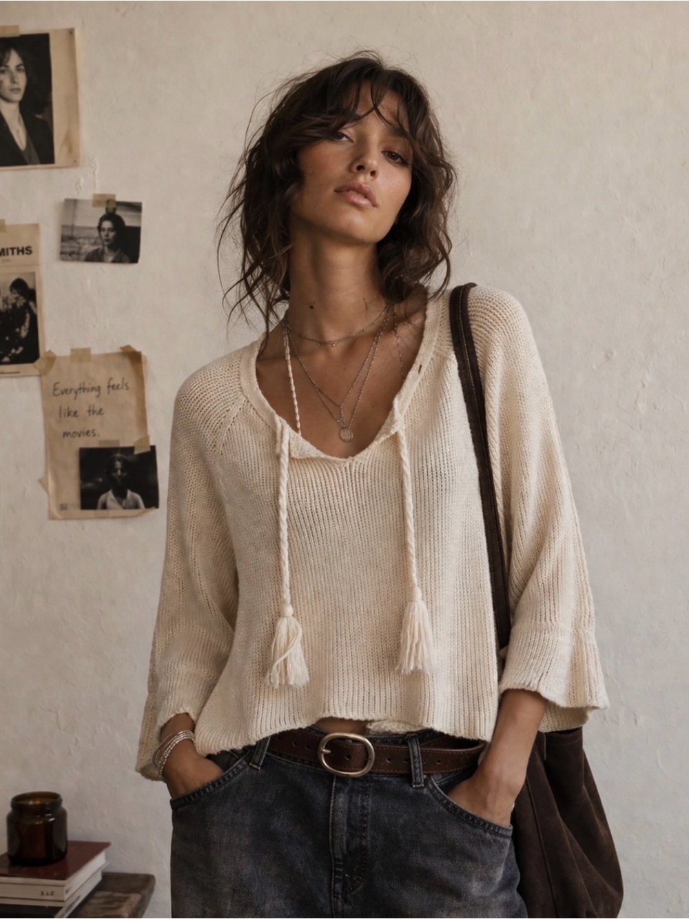 Fate + Fortune Ivory Chunky Knit Boxy Sweater With Tassel Neck Tie Size Large